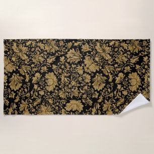Gold Baroque Floral Allover on Black Beach Towel