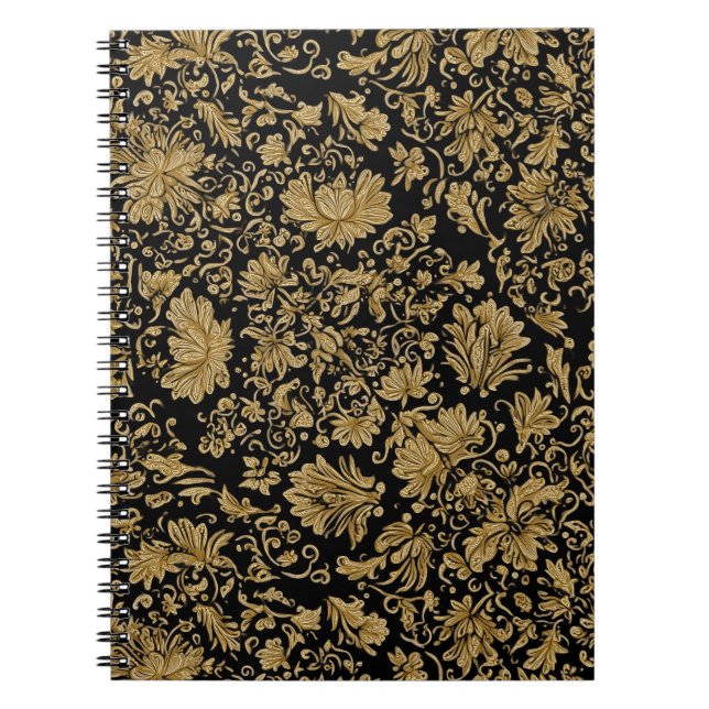 Gold Baroque Floral Allover on Black Notebook (Front)