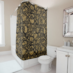 Gold Baroque Floral Allover on Black Shower Curtain