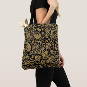 Gold Baroque Floral Allover on Black Tote Bag