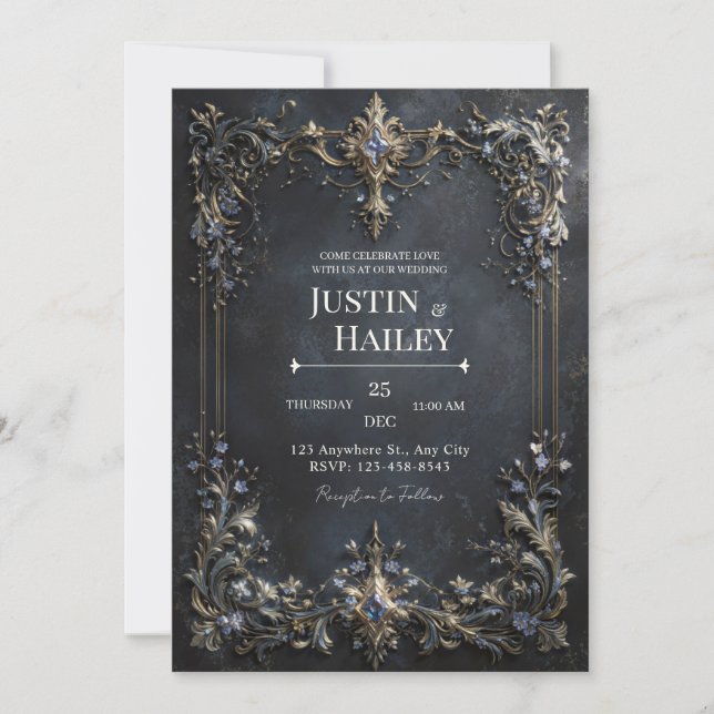 Gold Baroque Frame Blue Gem Dark Teal Wedding Invitation (Front)