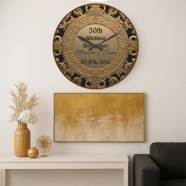 Gold Baroque Opulence Chic 50 Wedding Anniversary  Large Clock (Gold Baroque Opulence Chic 50 Wedding Anniversary Large Clock)