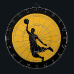 Gold Basketball Circle Dartboard<br><div class="desc">A silhouetted basketball player in process of dunking is within a gold circle. The circle is placed on a black background.</div>