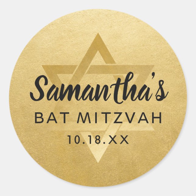 Gold Bat Mitzvah Bar Mitzvah Star of David Name Classic Round Sticker (Front)