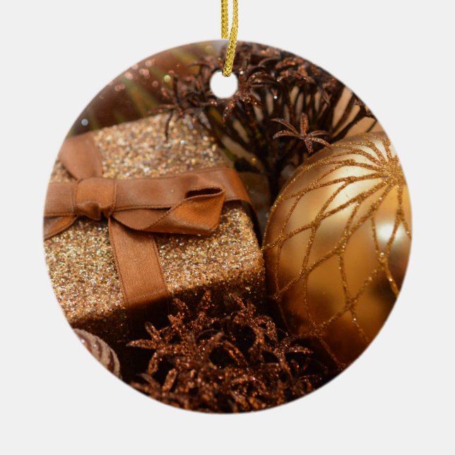 Gold Bauble and Christmas Present Ceramic Tree Decoration (Front)