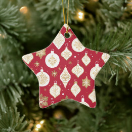 Gold Bauble Design red background Ceramic Tree Decoration