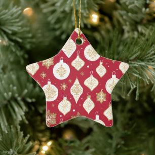 Gold Bauble Design red background Ceramic Tree Decoration