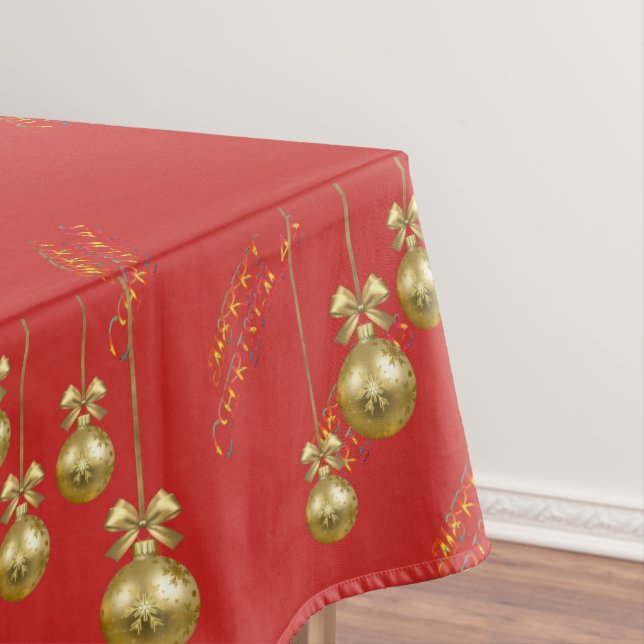 Gold Bauble Design Red Christmas Tablecloth (In Situ)