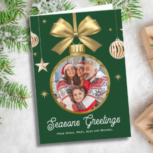 Gold Bauble Family Photo, green background Holiday Card