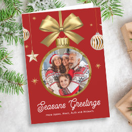 Gold Bauble Family Photo, red background Holiday Card