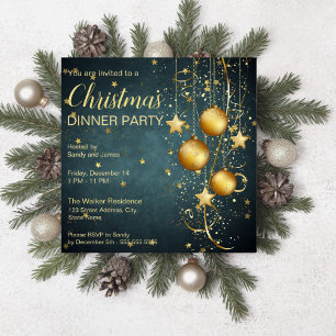 Gold baubles and stars dark teal green Christmas Invitation