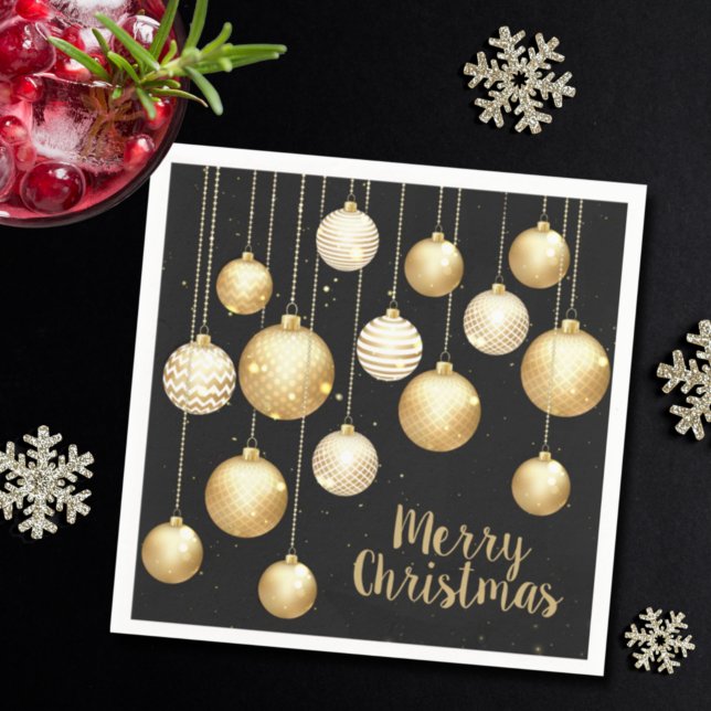 Gold Baubles Christmas Ornaments on Black Party Napkin (Creator Uploaded)