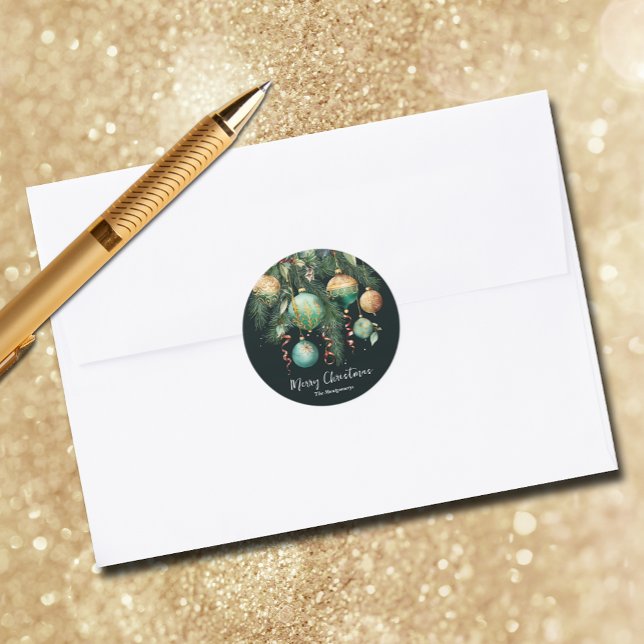 Gold Baubles Christmas Tree Classic Round Sticker (Gold and green Christmas tree ornaments round envelope seal stickers)