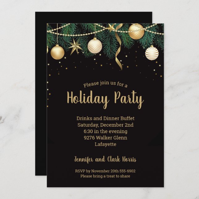 Gold Baubles Christmas Tree Ornaments Invites (Front/Back)