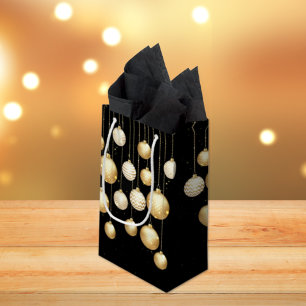 Gold Baubles Christmas Tree Ornaments on Black Small Gift Bag
