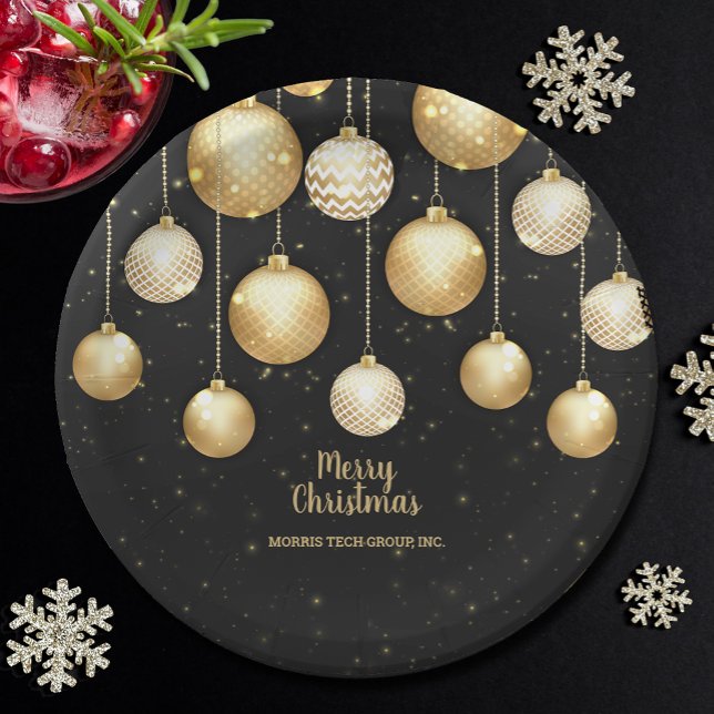 Gold Baubles Christmas Tree Ornaments Party Paper Plate (Gold and white Christmas tree ornaments on black personalized holiday party paper plates)
