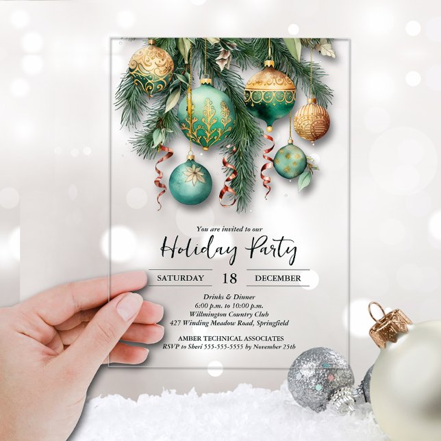 Gold Baubles Christmas Tree Party Acrylic Invitations (Gold and green Christmas tree ornaments clear ACRYLIC party invitations)