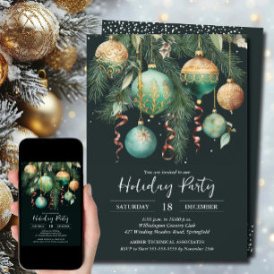 Gold Baubles Christmas Tree Party Invitation