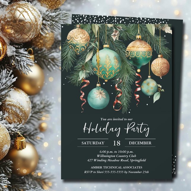 Gold Baubles Christmas Tree Party Invitation (Gold and Green Baubles Christmas Tree Party Invitations - INSTANT DOWNLOAD and/or PRINTED)