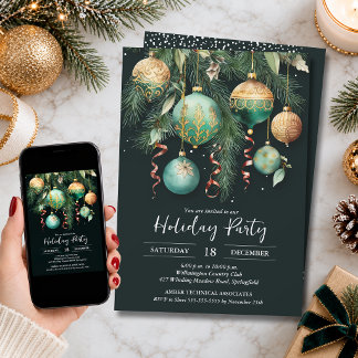 Gold Baubles Christmas Tree Party Invitation