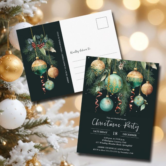 Gold Baubles Christmas Tree Party Invitation Postcard (Gold and green Christmas tree party invitation postcards)