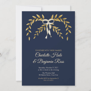 Gold Bay Leaf Navy Blue Wedding Invitation