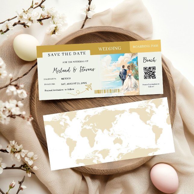 Gold Beach Boarding pass wedding Save The Date (Creator Uploaded)