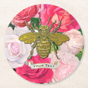 Gold Bee and Roses Personalise Round Paper Coaster