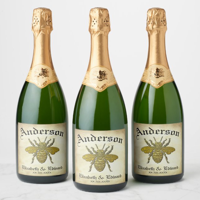 Gold Bee and Your Text Sparkling Wine Label (Bottles)