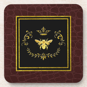 Gold Bee Crown Leather Pattern Coaster