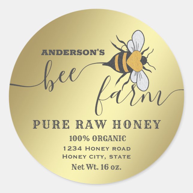 Gold bee logo script bee farm honey jar classic round sticker (Front)