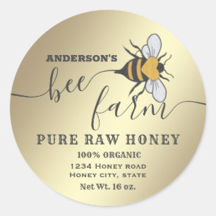 Gold bee logo script bee farm honey jar classic round sticker