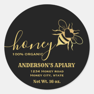 Gold bee logo script honey jar classic round sticker