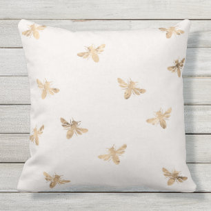 Gold Bees and polka dots outdoor throw pillow