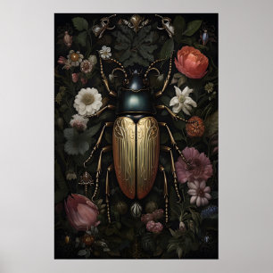 Gold Beetle In Dark Flower Garden, Moody Bug Poster