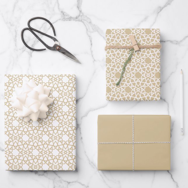 Gold Beige Arabesque Pattern Design Wrapping Paper Sheet (Front)