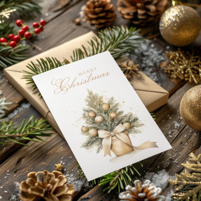 Gold Beige Christmas Tree Watercolor Custom Photo Holiday Card (Creator Uploaded)