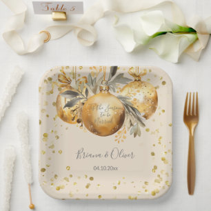 Gold Beige Christmas Wedding Paper Plate