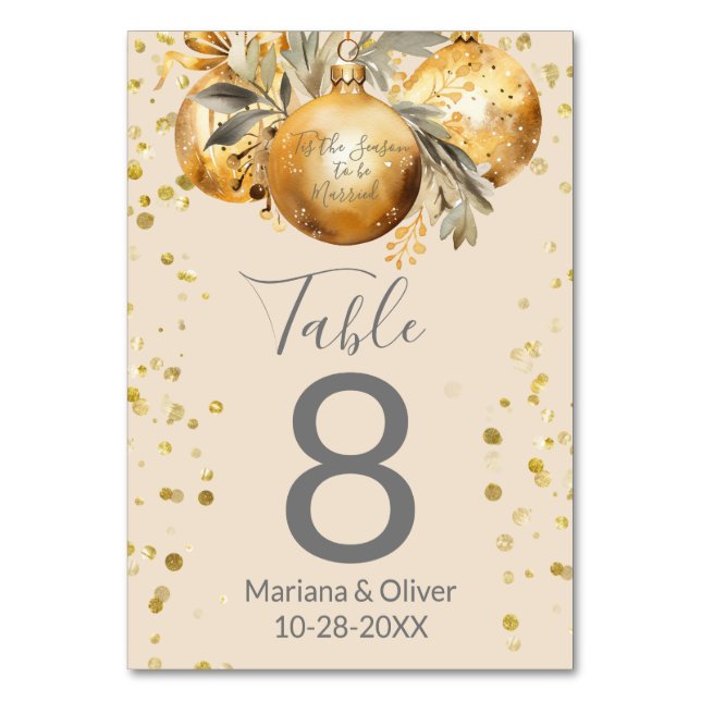 Gold Beige Christmas Wedding Table Number (Front)