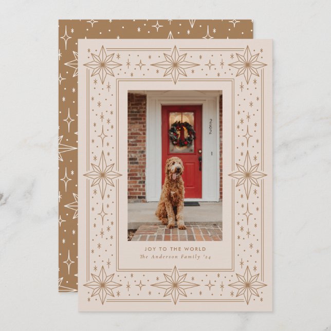 Gold & Beige geometric star border Christmas Photo Holiday Card (Front/Back)