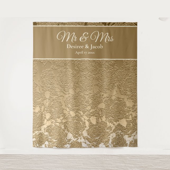 Gold Beige Modern Photo Booth Wedding Backdrop Tapestry (Front)
