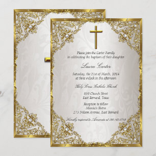 Gold Beige Pearl Damask Cross Baptism/Christening Invitation