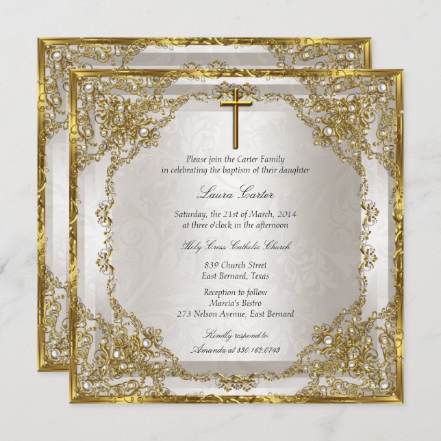 Gold Beige Pearl Damask Cross Baptism/Christening Invitation (Front/Back)