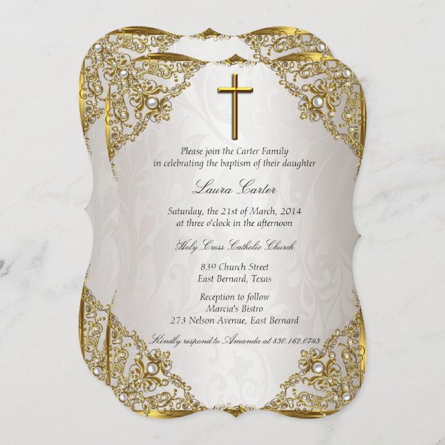 Gold Beige Pearl Damask Cross Baptism/Christening Invitation (Front/Back)