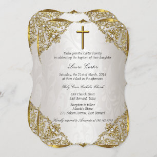 Gold Beige Pearl Damask Cross Baptism/Christening Invitation