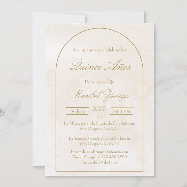Gold beige Quinceanera invitation (Front)