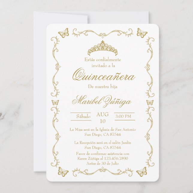 Gold beige w/wreath Quinceanera invitation (Front)