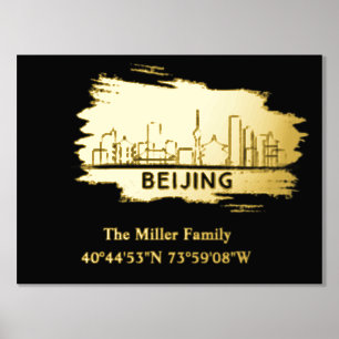 gold Beijing skyline longitude latitude  Foil Prints
