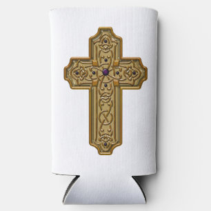 Gold Bejeweled Celtic Style Cross  Seltzer Can Cooler