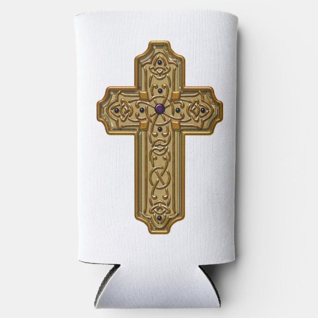 Gold Bejeweled Celtic Style Cross  Seltzer Can Cooler (Front)